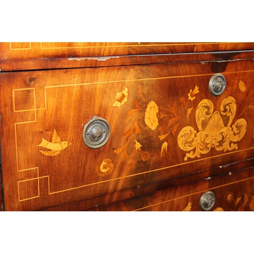 593 - Victorian mahogany and inlaid six drawer chest with bird and foliate decoration, 168 x 106 x 47cm.