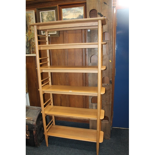 604 - Ercol beech six shelf open front bookcase, 185 x 96 x 35cm.