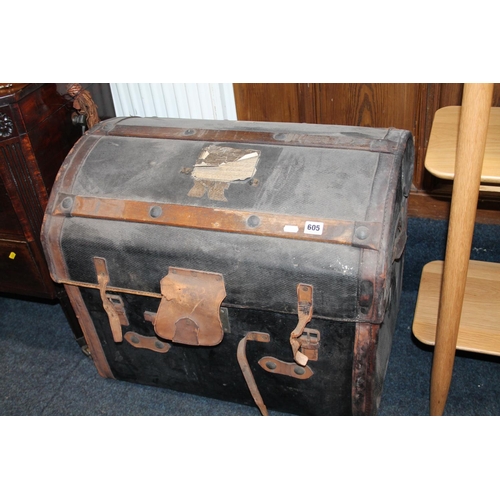 605 - Wood bound canvas and leather trunk, 68cm wide.