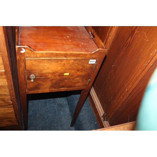 612 - Victorian mahogany single door pot cupboard, on square tapering supports.