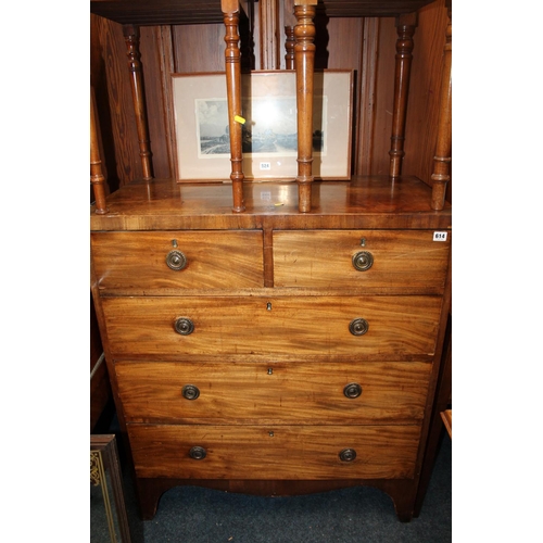 614 - Antique mahogany chest of two short over three long drawers, raised on bracket supports, 91cm wide.