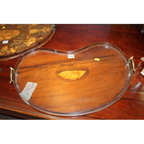 618 - Antique mahogany and inlaid kidney-shaped tray with brass handles.