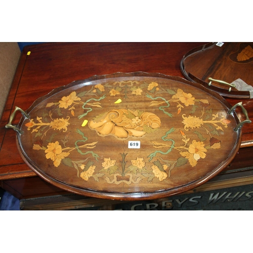 619 - Victorian mahogany and inlaid conch and floral decorated twin-handled tray.