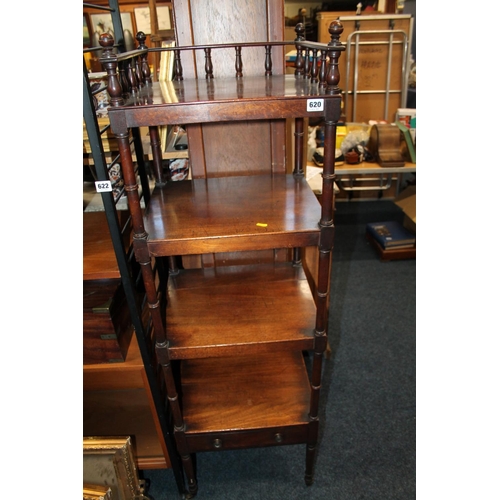 620 - Victorian mahogany four shelf gallery backed etagere with single base drawer and brass castors, 143c... 