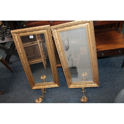 623 - Pair of gilt framed rectangular mirrors, with single arm sconces, 79cm x 37cm.