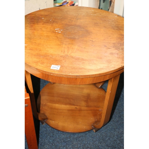 327B - Mid-century tile topped coffee table 81cm long and an Art Deco style walnut veneered circular two ti... 