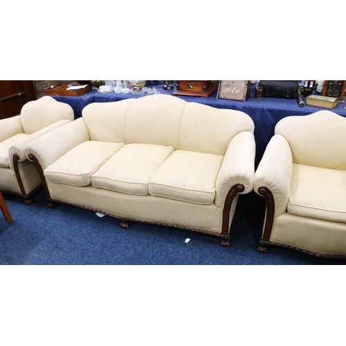 626 - Carved mahogany three piece suite comprising three seater sofa and two matching armchairs.