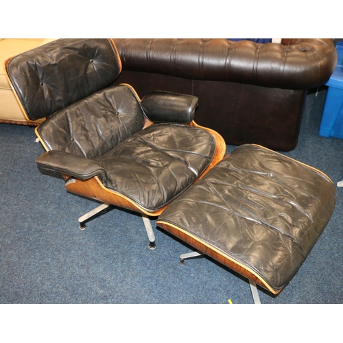 636 - Charles & Ray Eames style lounge chair and swivel footstool.