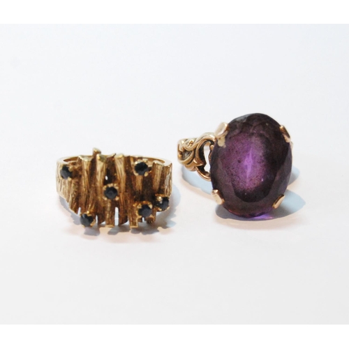 46 - Sapphire ring and another with oval amethyst, both 9ct gold, size N and P, 12g gross.