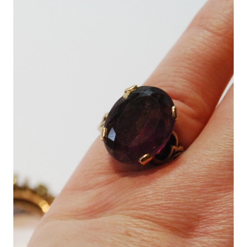 46 - Sapphire ring and another with oval amethyst, both 9ct gold, size N and P, 12g gross.