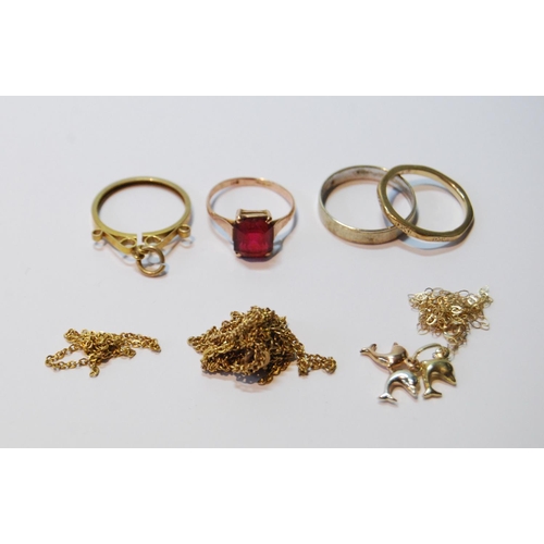 47 - Three gold rings, a coin mount and various necklets, mostly 9ct gold, 14g gross.
