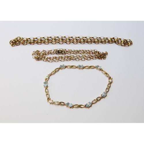48 - Two 9ct gold necklets and a similar gem bracelet, 15g gross.