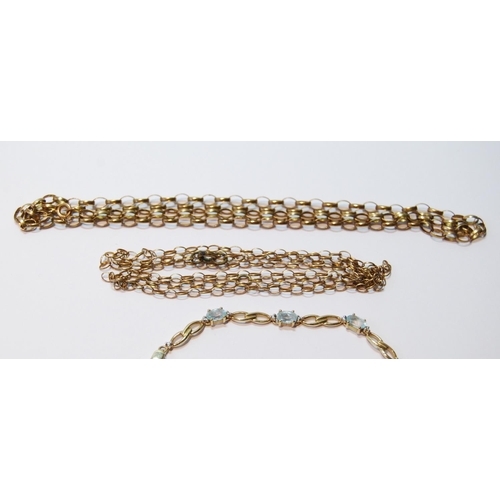 48 - Two 9ct gold necklets and a similar gem bracelet, 15g gross.