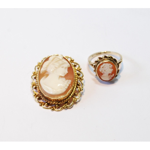 73 - Cameo brooch and a similar ring, both 9ct gold, 10g gross.  (2)