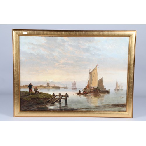 354 - H. Lancaster (1773-1853) Gilt framed oil on canvas, signed 'Busy Coastal Scene' 52cm x 74cm