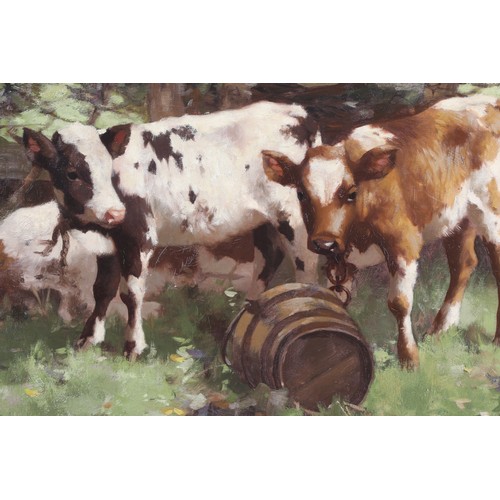 366 - David Gauld RSA (Scottish 1865-1936) Framed oil on canvas, signed 'Three Ayrshire Calves' 70cm x 90c... 