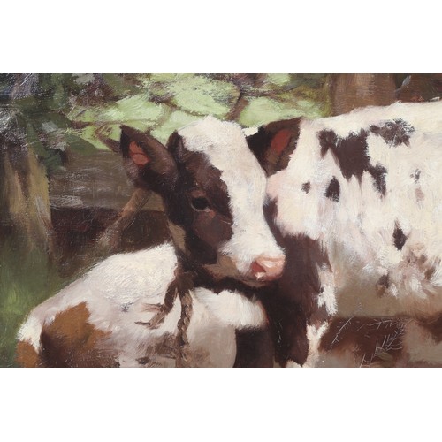 366 - David Gauld RSA (Scottish 1865-1936) Framed oil on canvas, signed 'Three Ayrshire Calves' 70cm x 90c... 