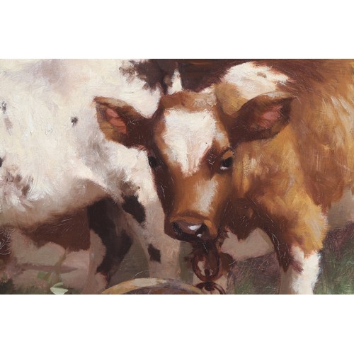 366 - David Gauld RSA (Scottish 1865-1936) Framed oil on canvas, signed 'Three Ayrshire Calves' 70cm x 90c... 