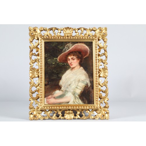 361 - British School Carved gilt framed oil on board 'The Pink Bonnet' 24cm x 18cm