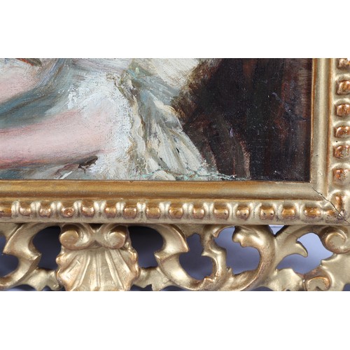 361 - British School Carved gilt framed oil on board 'The Pink Bonnet' 24cm x 18cm