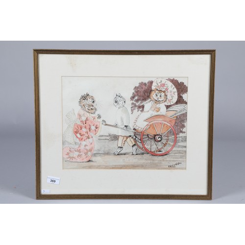 369 - Louis Wain (British 1860-1939) Framed ink and watercolour, signed Japanese theme with a cat holding ... 