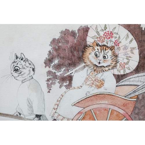 369 - Louis Wain (British 1860-1939) Framed ink and watercolour, signed Japanese theme with a cat holding ... 