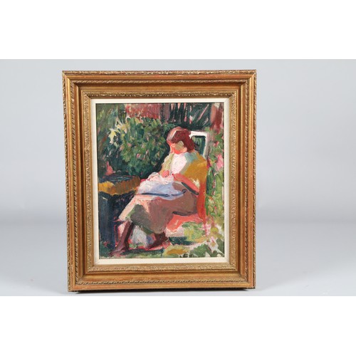 370 - Attributed John Duncan Fergusson RBA (1874-1961) Gilt framed oil on canvas, 'Seated Figure' 40cm x 3... 