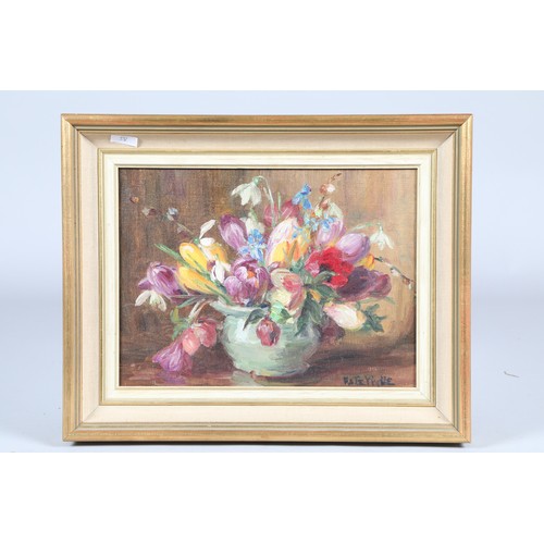 393 - Kate Wylie (Scottish 1877-1941) Framed oil on board, signed 'Mixed Flowers in a Green Bowl' 20cm x 2... 