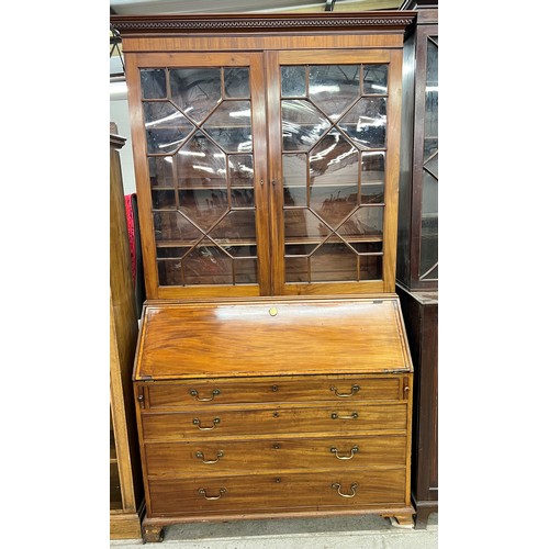 464 - Victorian mahogany bureau bookcase, Greek key cornice over a pair of astral glass doors, shelved int... 