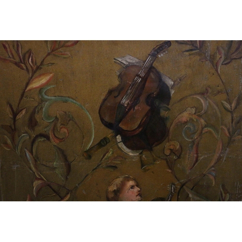 585 - Painted antique single door music cabinet decorated with Beethoven, Mozart, etc.