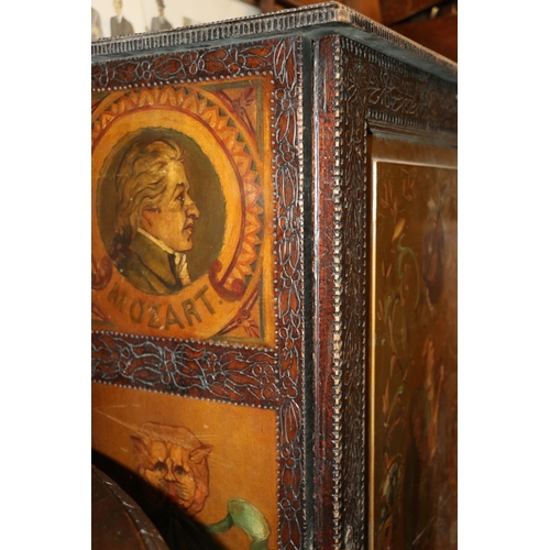 585 - Painted antique single door music cabinet decorated with Beethoven, Mozart, etc.