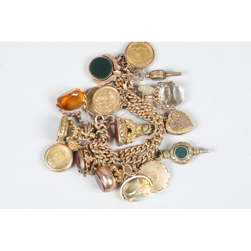 78 - Heavy 9 carat gold double curb link charm bracelet, with fifteen assorted charms, including three go... 