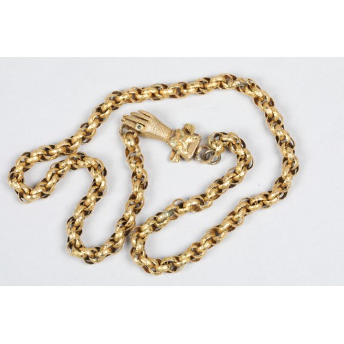 105 - Yellow metal link necklace, with hand clasp, 18g, 41.5cm long