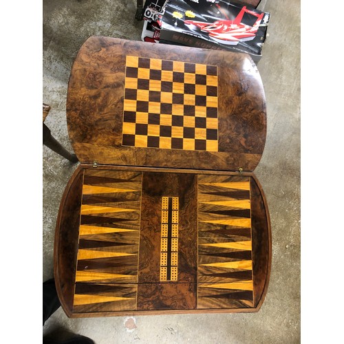 446 - Victorian burr walnut work table with a swivel fold over games top, single fitted drawer to frieze w... 