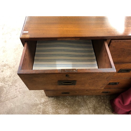 463 - Victorian mahogany campaign chest, two sections forming a two over three chest with recessed brass h... 