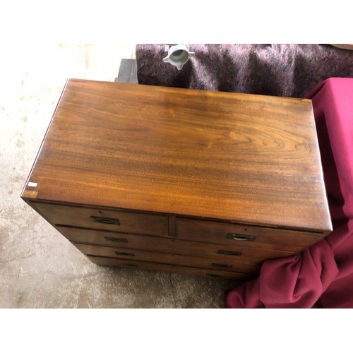 463 - Victorian mahogany campaign chest, two sections forming a two over three chest with recessed brass h... 