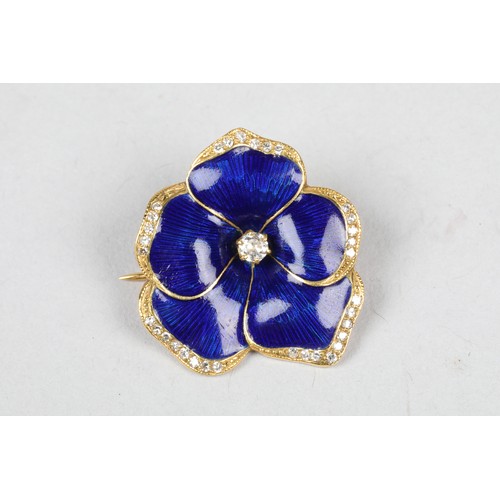 73 - Unmarked yellow metal and enamel brooch, in the form of a flower, central diamond with blue enamel p... 