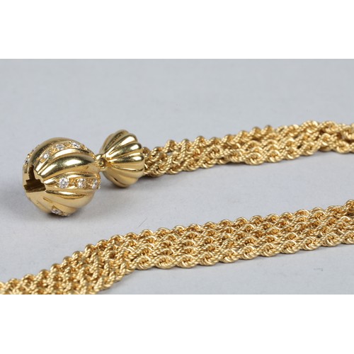 100 - Ladies 18 carat gold five strand rope twist necklace, with a spherical clasp set with diamonds, leng... 