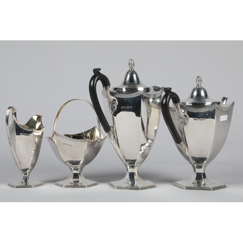 166 - 1920's silver four piece tea service, hexagonal faceted form with pineapple finials, assay marked Bi... 