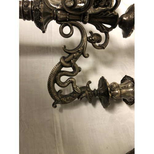 168 - Pair German three branch candelabra, lion supports with a tapered and fluted column and three branch... 