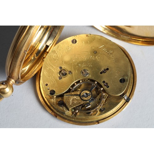 125 - Gents 18 carat gold half hunter pocket watch, white enamel dial, roman numerals, seconds subsidiary