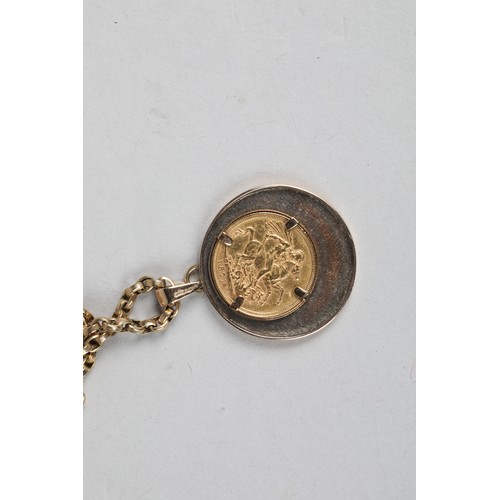 129 - A Victorian 1871 gold sovereign, mounted to a 9 carat gold circular pendant with a 9 carat gold chai... 