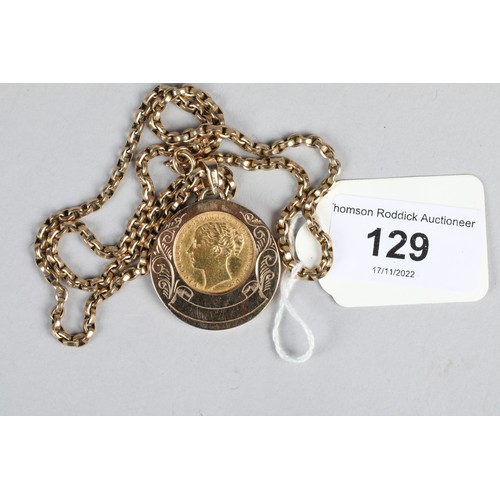 129 - A Victorian 1871 gold sovereign, mounted to a 9 carat gold circular pendant with a 9 carat gold chai... 