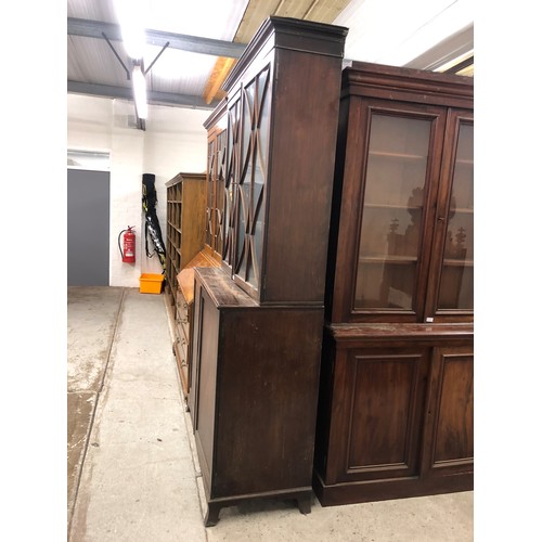 474 - 19th century mahogany bookcase, plain cornice over a pair of astragal glass doors above twin cupboar... 