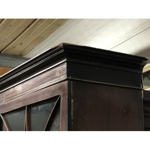 474 - 19th century mahogany bookcase, plain cornice over a pair of astragal glass doors above twin cupboar... 