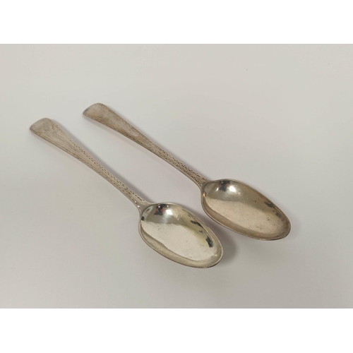 1 - Pair of Provincial silver dessert spoons, bright cut and initialled 'L', by James Gordon Aberdeen c1... 