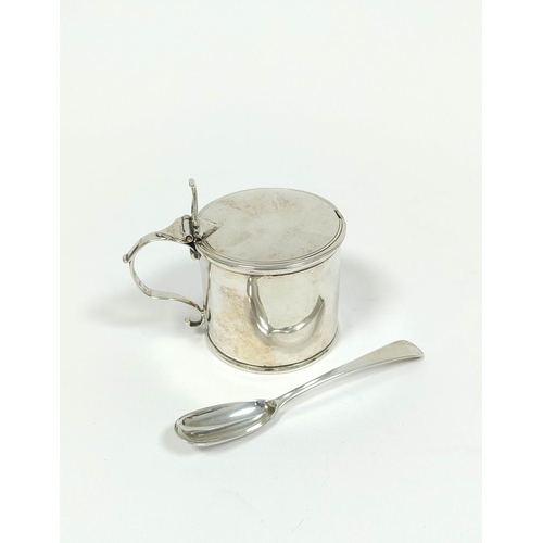 13 - Silver plain drum mustard pot, with scroll handle, initialled, by John Langlands, Newcastle 1770, 5.... 