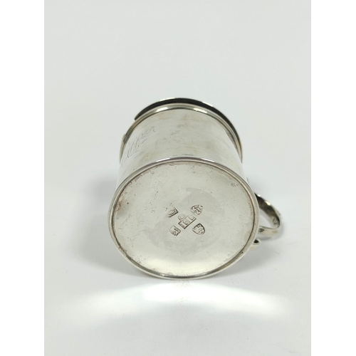 13 - Silver plain drum mustard pot, with scroll handle, initialled, by John Langlands, Newcastle 1770, 5.... 