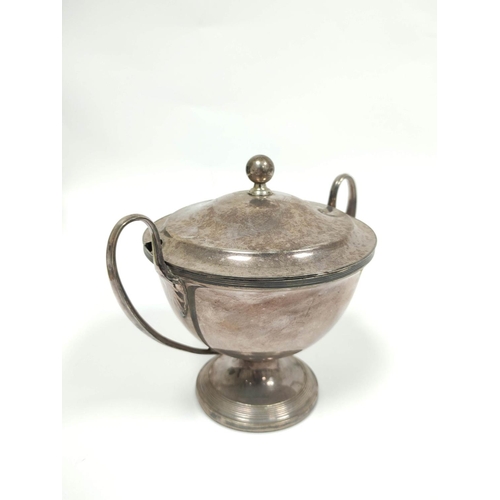 21 - Old Sheffield circular sauce tureen with loop handles and ball finial, little worn, c1810.