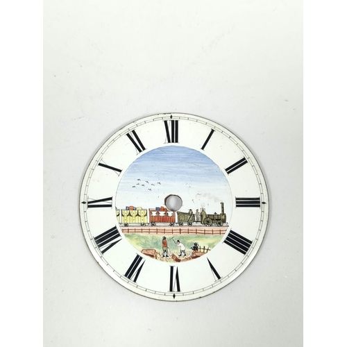 29 - Enamel watch dial, the centre nicely painted with a view of a locomotive and train with workmen in t... 